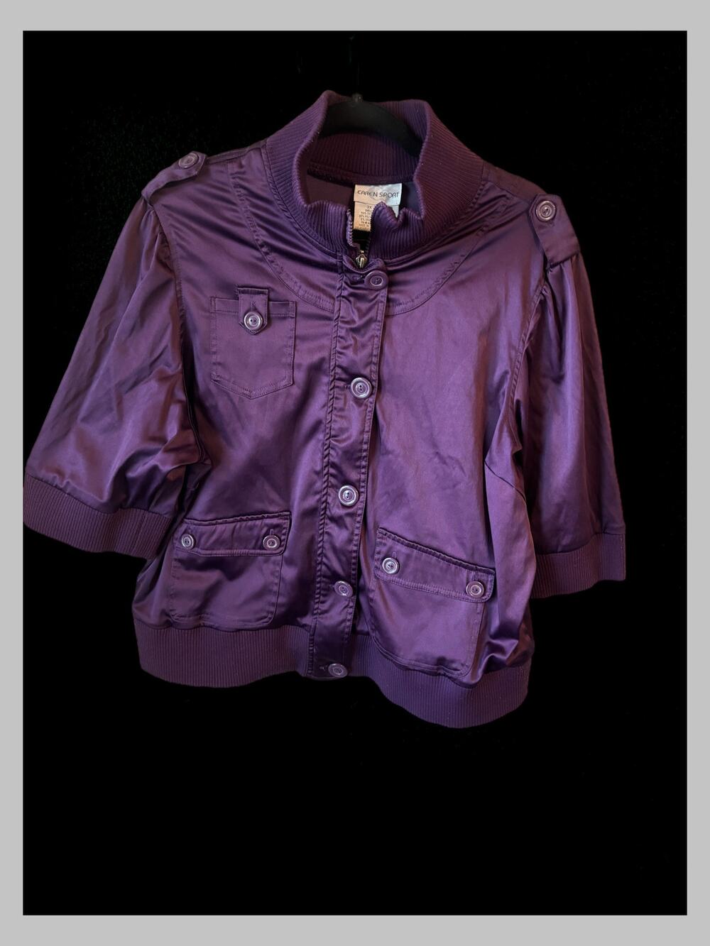 Karen Sport Women’s 3X Purple Satin Stretch Jacket Button Front Plus Size